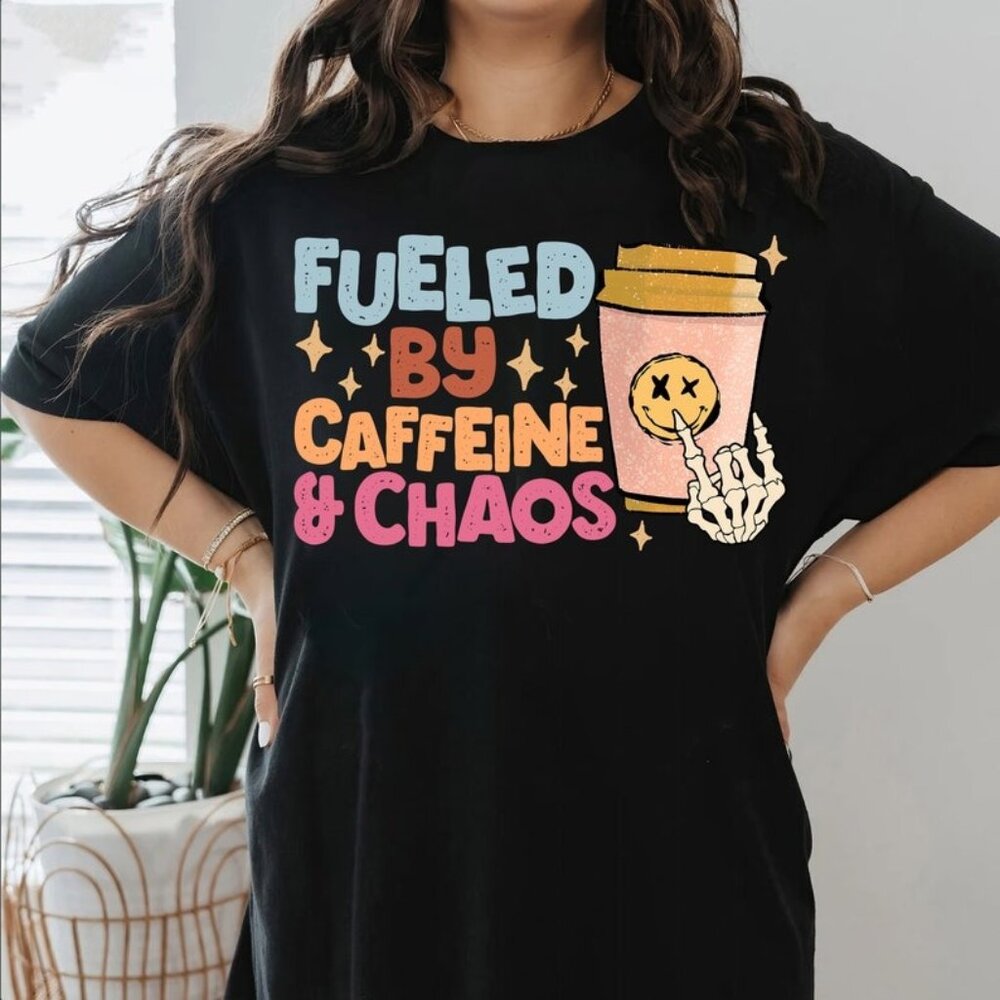 Funny Mom Shirt, Fueled by Caffeine and Chaos Retro T-Shirt, Coffee Lover Tee